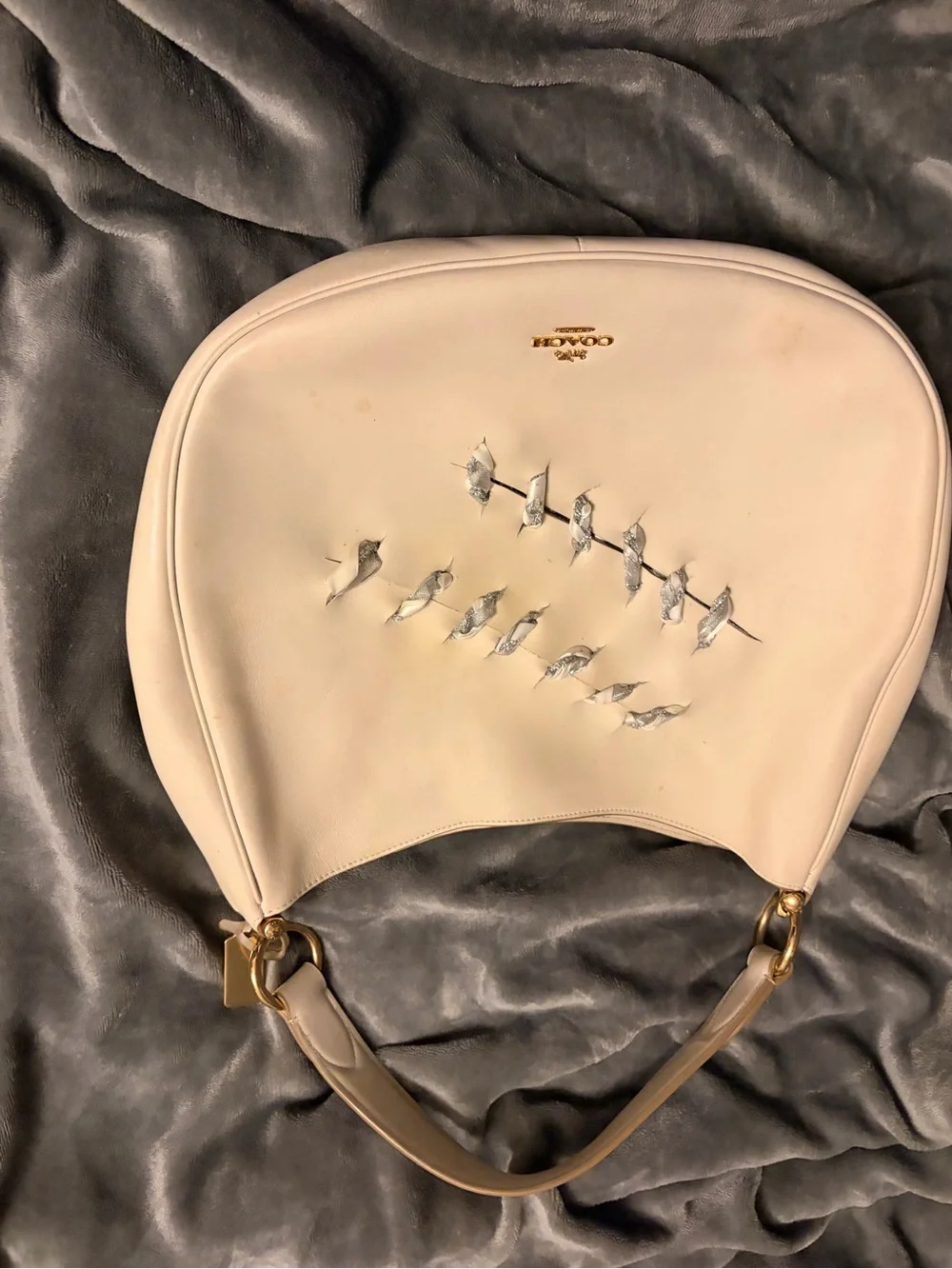 Coach Cream Leather Shoulder Bag with Gold Hardware and Stitch Detail